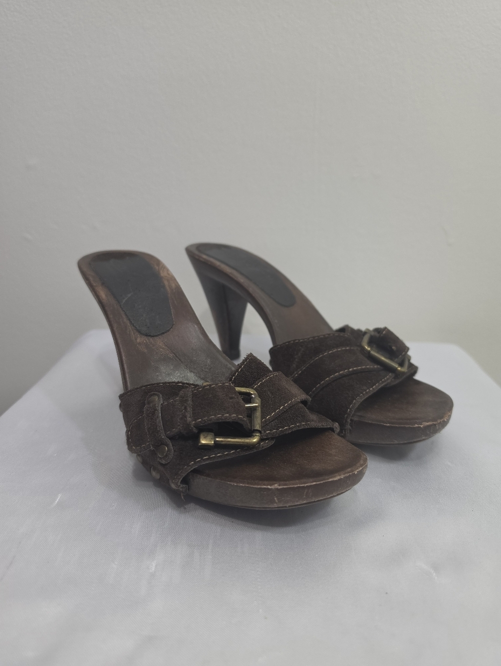 Zena Women's Brown Suede Slide Heels with Buckle Detail